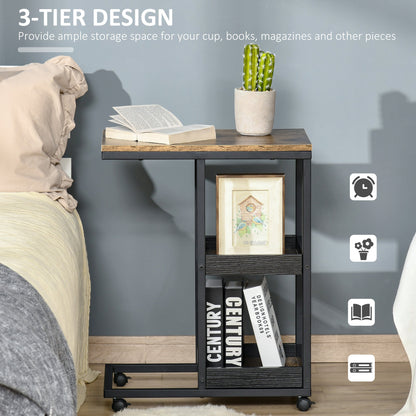 Mobile Sofa Side Table C-Shaped Rolling Couch Table with 3-Tier Storage Shelving Four Lockable Wheels Steel Frame - Brown-4