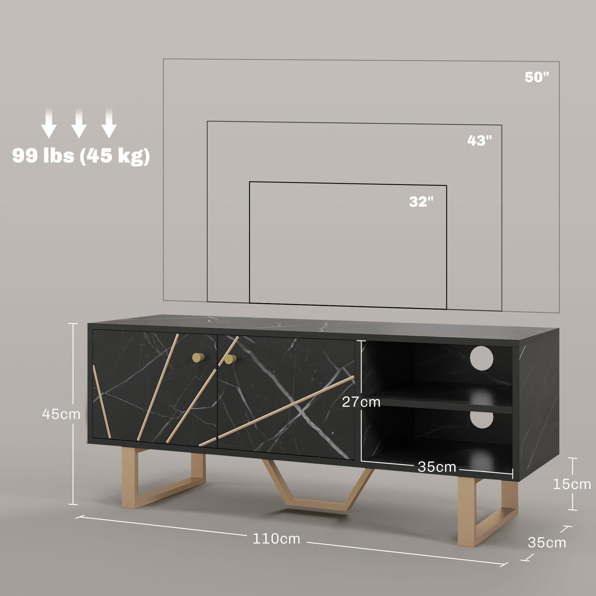 HOMCOM TV Stand Cabinet for TVs up to 50 Inches, TV Unit with Storage Shelves and Cupboard for Living Room, Black Marble Tone-1