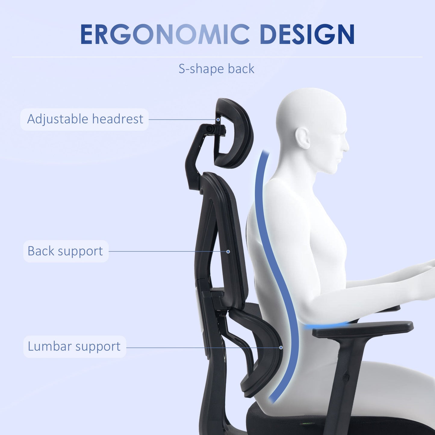 Mesh Office Chair, Height Adjustable Desk Chair with Lumbar Support, Swivel Wheels and Adjustable Headrest, Black-3