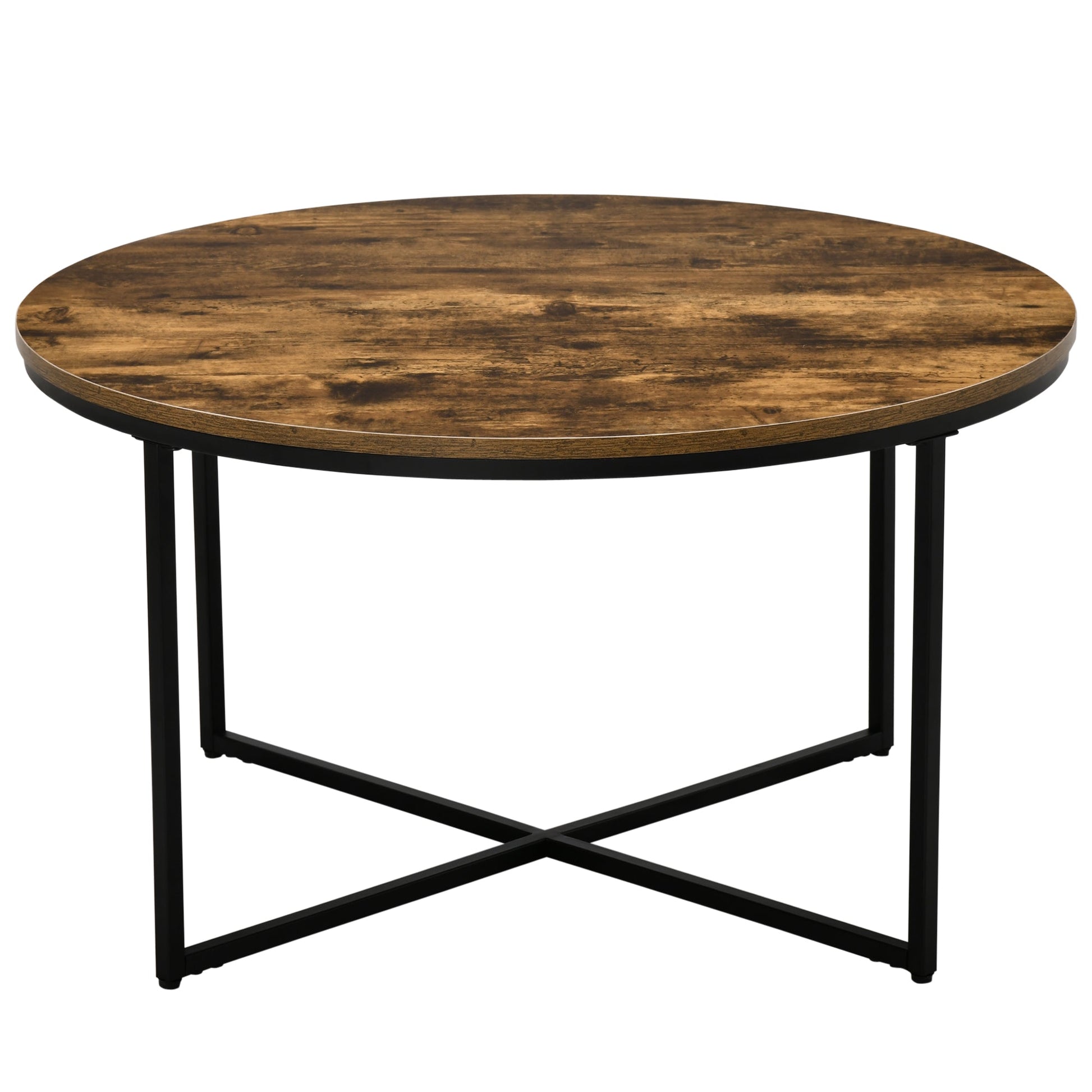 Coffee Table, Industrial Round Side Table with Metal Frame, Large Tabletop for Living Room, Bedroom, Rustic Brown-0