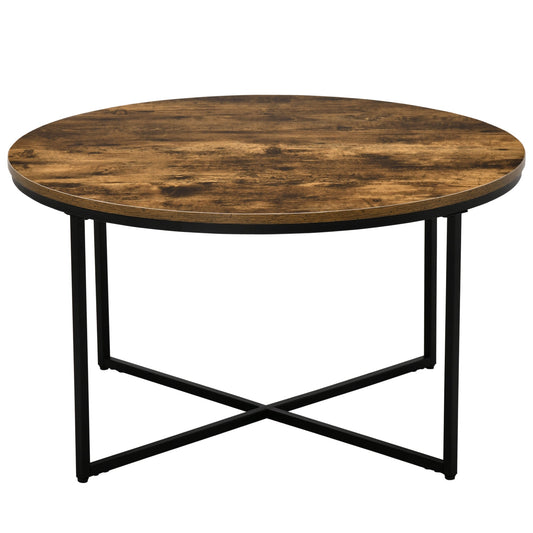 Coffee Table, Industrial Round Side Table with Metal Frame, Large Tabletop for Living Room, Bedroom, Rustic Brown-0