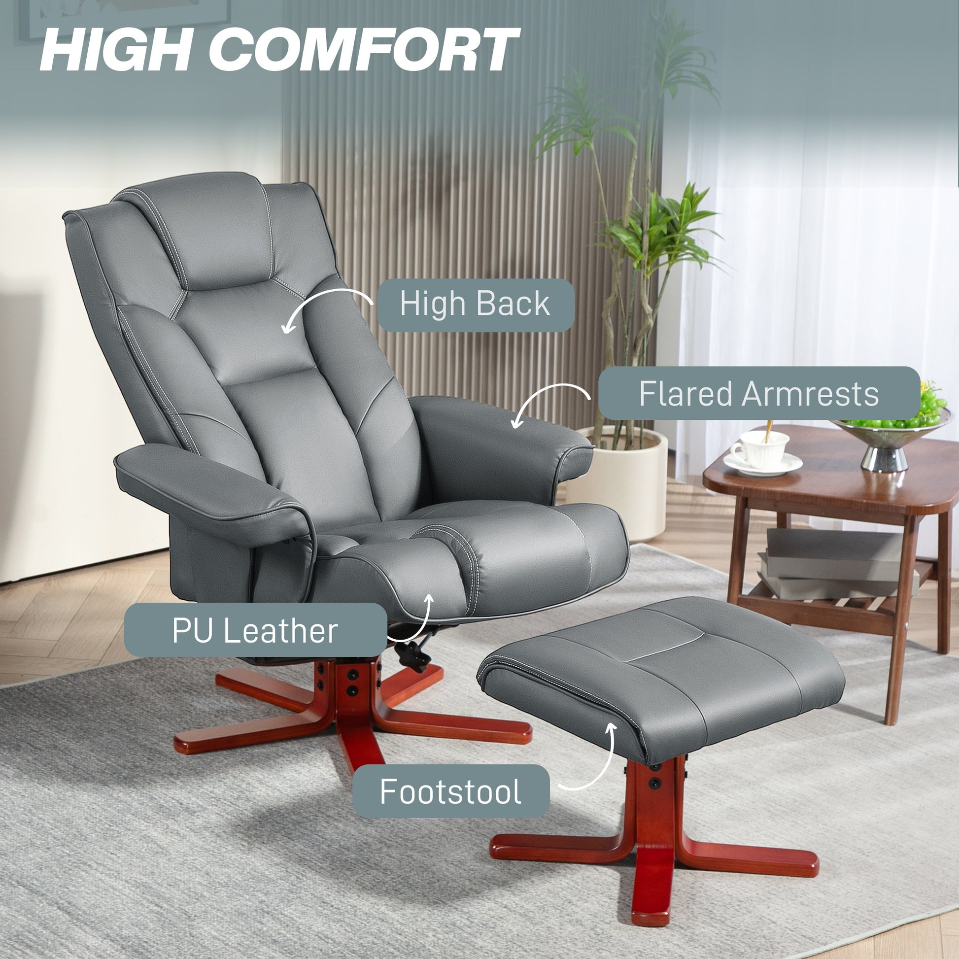 HOMCOM Faux Leather Manual Recliner and Footstool Set in Grey-4