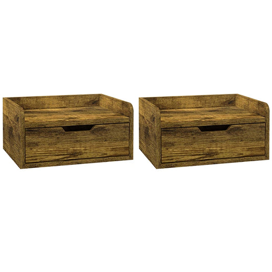 HOMCOM Floating Nightstand Set of 2 Wall Mounted Bedside Table with Storage Drawer for Bedroom in Rustic Brown-0
