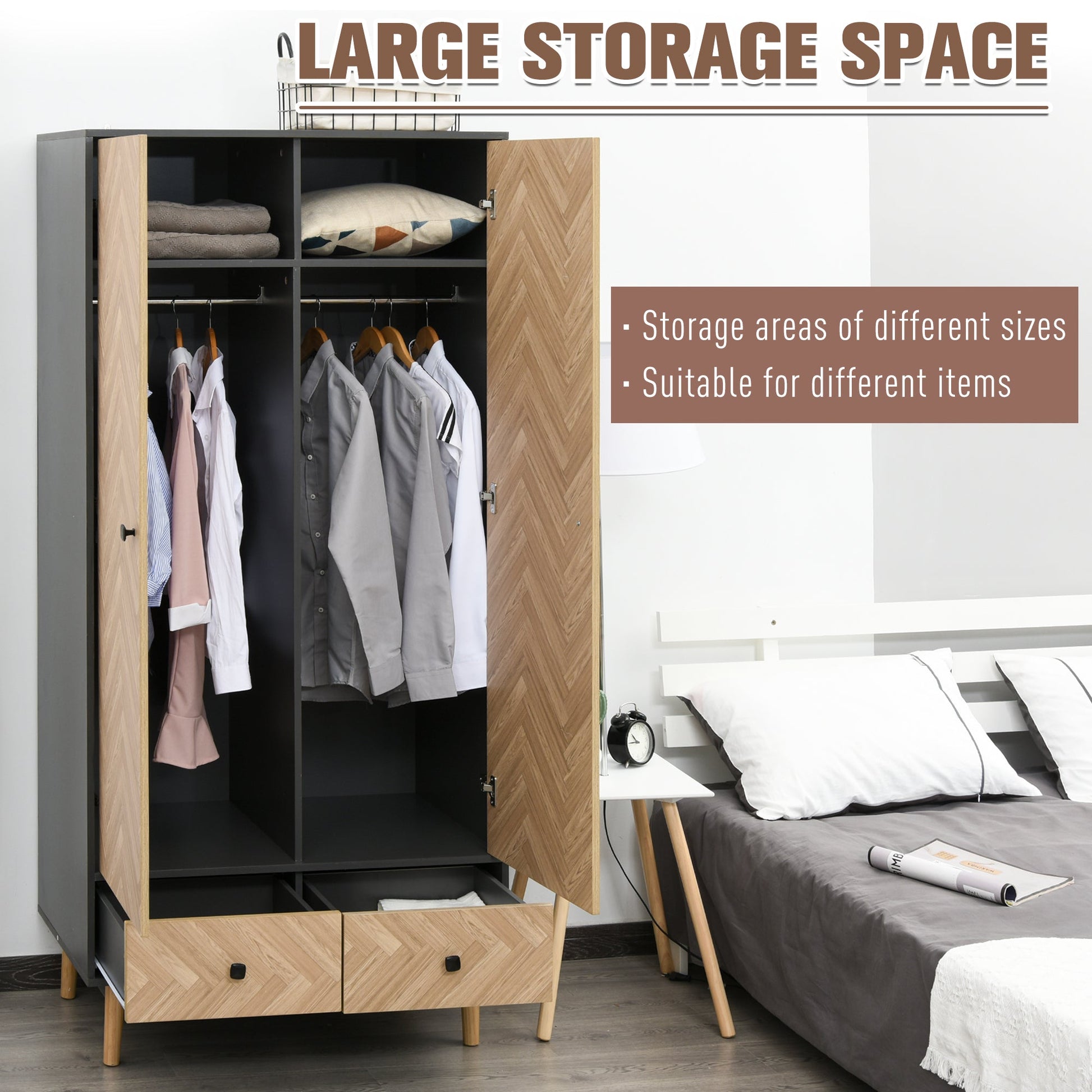 Modern Wardrobe Cabinet Wood Grain Sticker Surface with Shelf, Hanging Rod and 2 Drawers 90x50x190cm-3