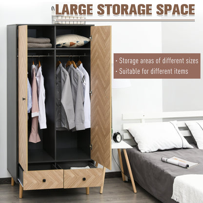 Modern Wardrobe Cabinet Wood Grain Sticker Surface with Shelf, Hanging Rod and 2 Drawers 90x50x190cm-3