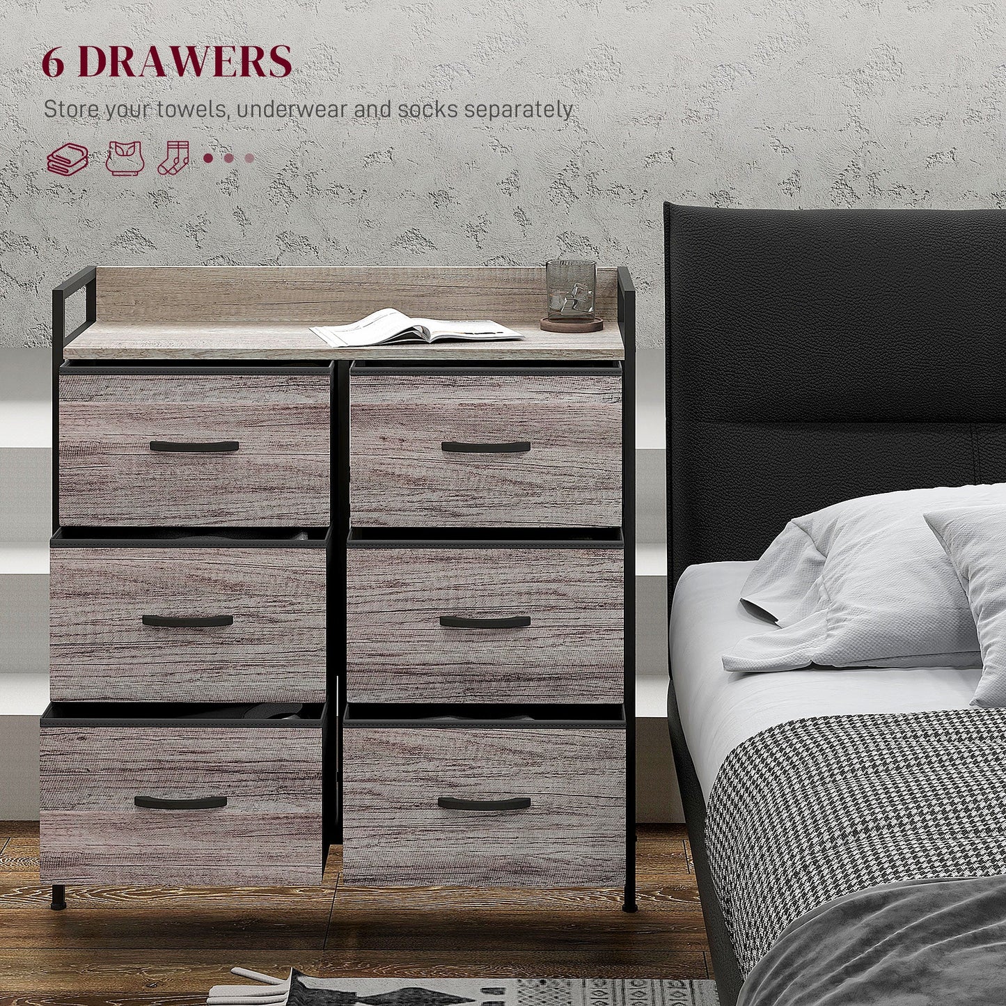 Rustic Chest of Six Fabric Drawers - Grey Wood Effect-3