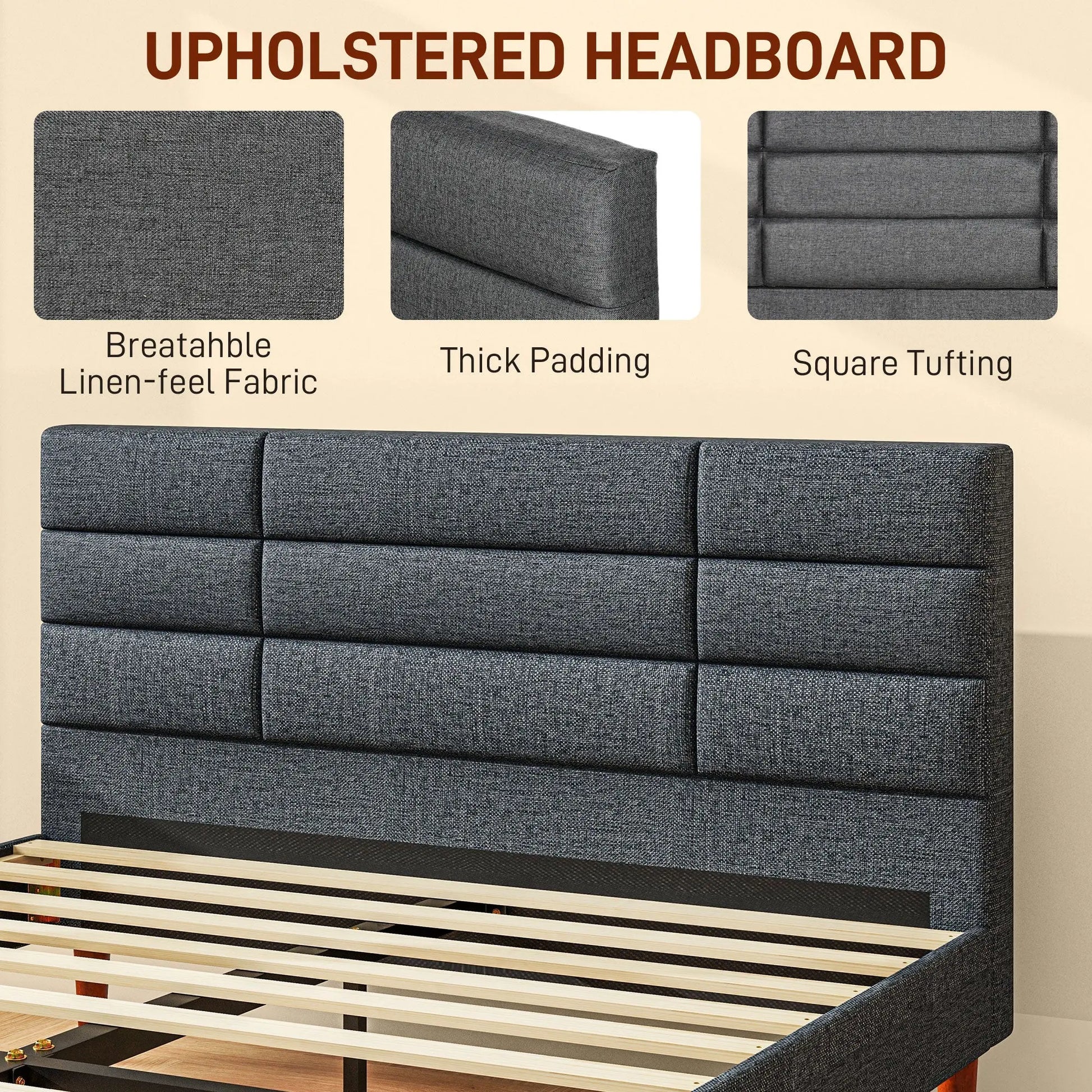 Upholstered Double Bed Frame, with Slats - Grey-3