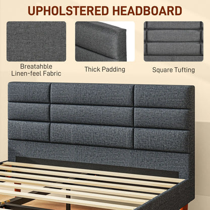 Upholstered Double Bed Frame, with Slats - Grey-3
