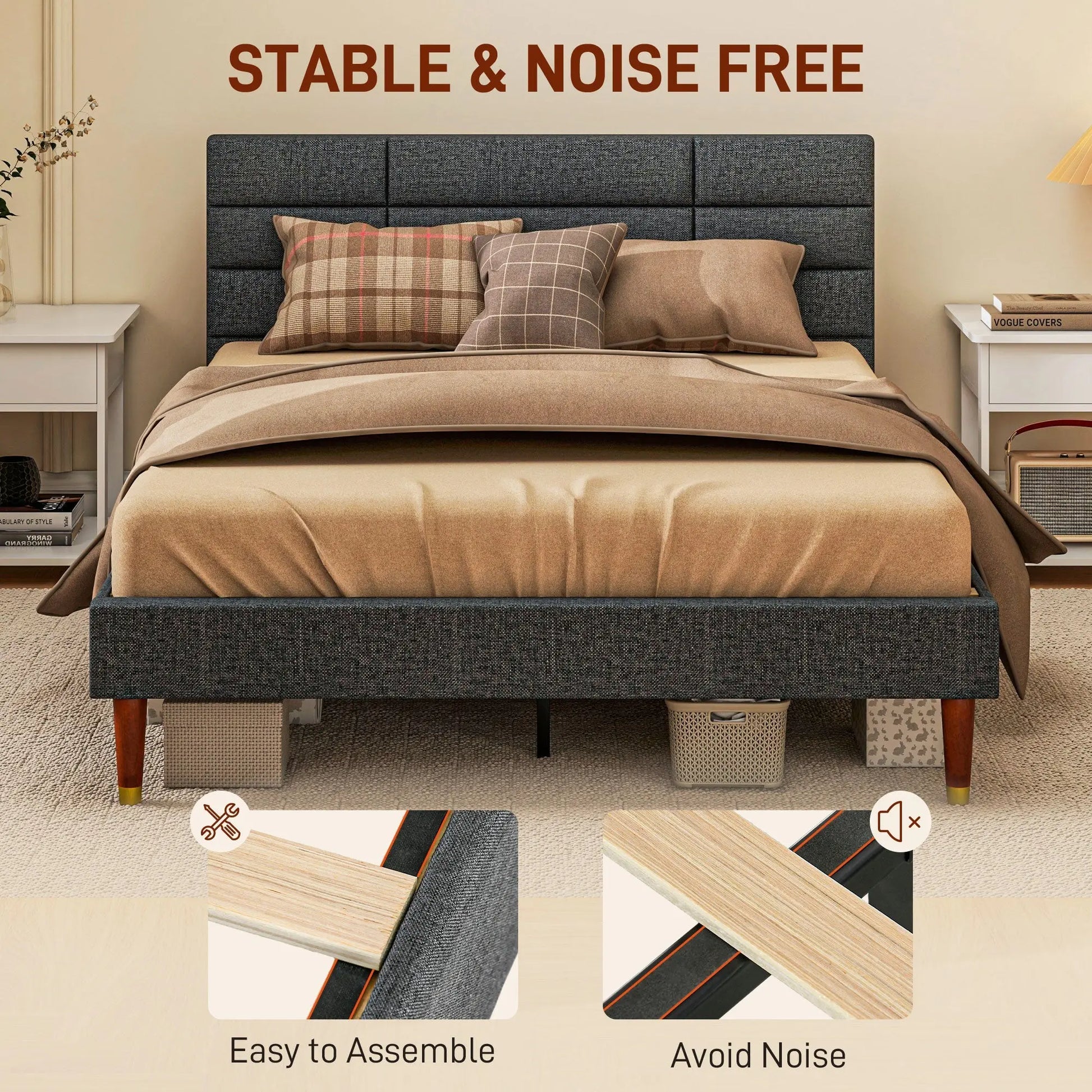 Upholstered Double Bed Frame, with Slats - Grey-4