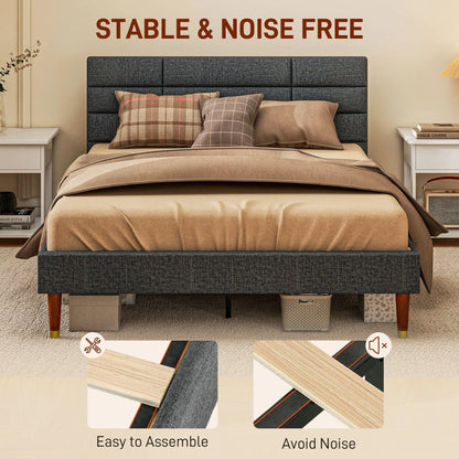Upholstered Double Bed Frame, with Slats - Grey-4