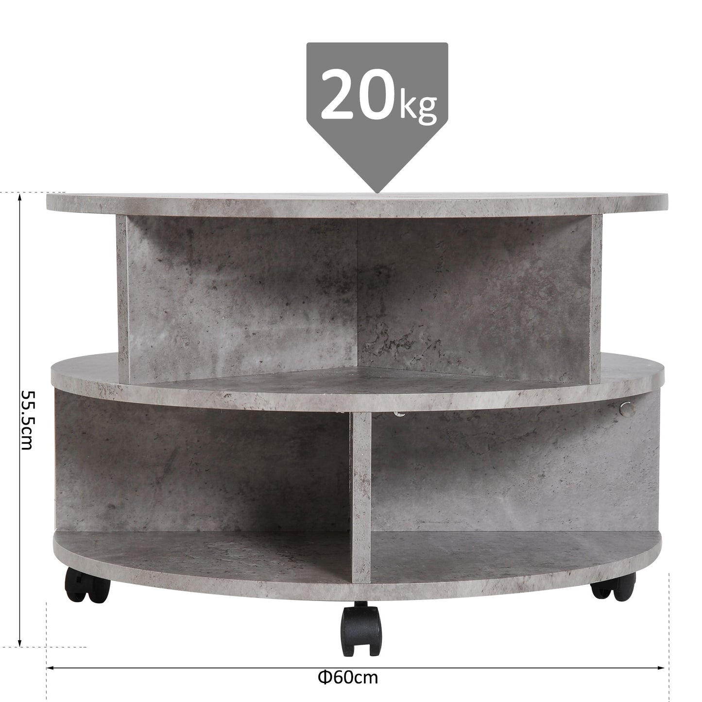 2 Tier Round Side End Table Coffee Desk with Divided Shelves Tea Table Storage Unit Living Room Organiser with Wheels - Cement colour-2