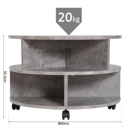 2 Tier Round Side End Table Coffee Desk with Divided Shelves Tea Table Storage Unit Living Room Organiser with Wheels - Cement colour-2