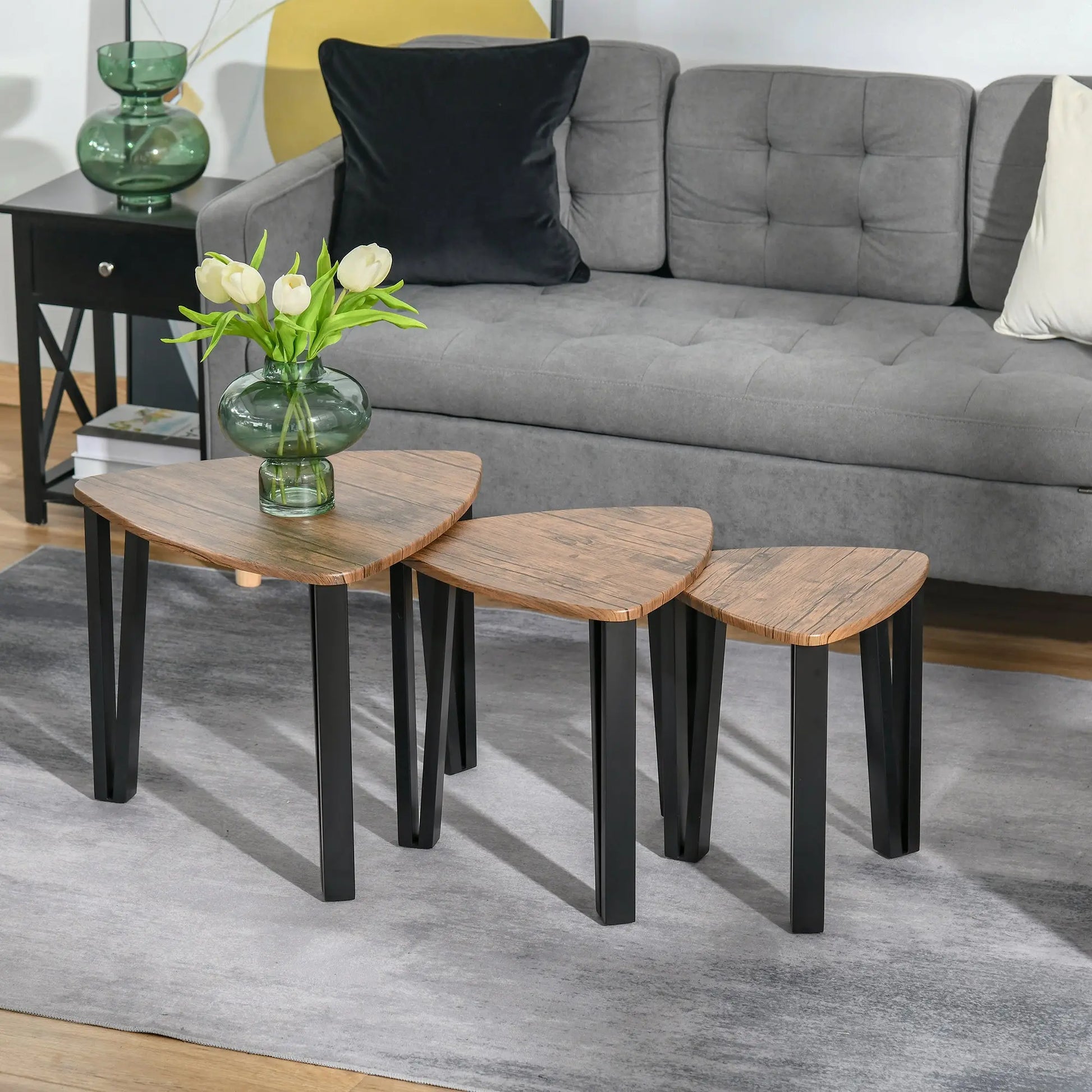 3 PCs MDF Steel Nesting Table Coffee Table Set Multifunctional End Side Table Living Room Furniture Walnut Wood Grain-1