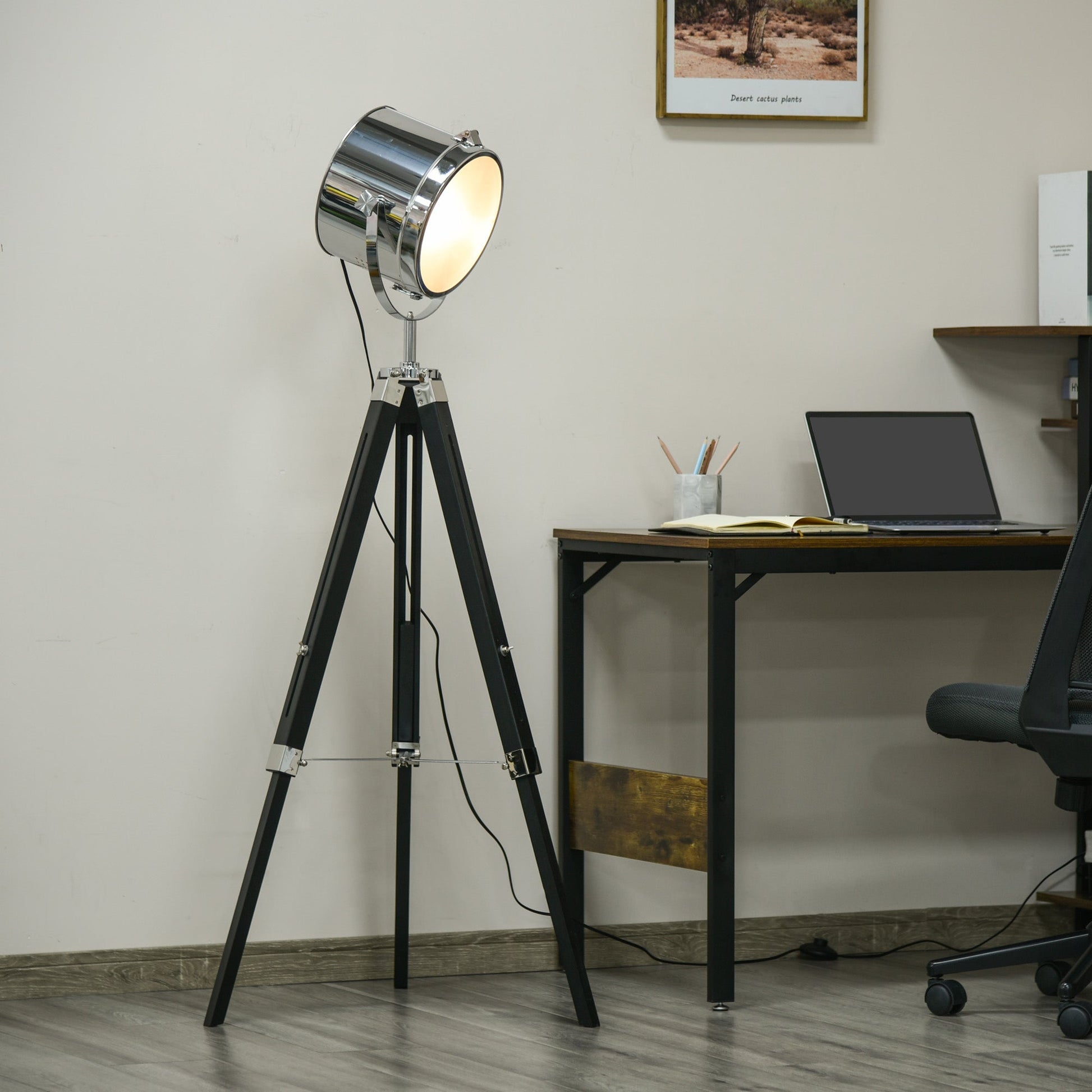 Industrial Style Adjustable Tripod Floor Lamp, Searchlight Lamp with Wooden Legs and Steel Lampshade, 110-155cm, Black-1