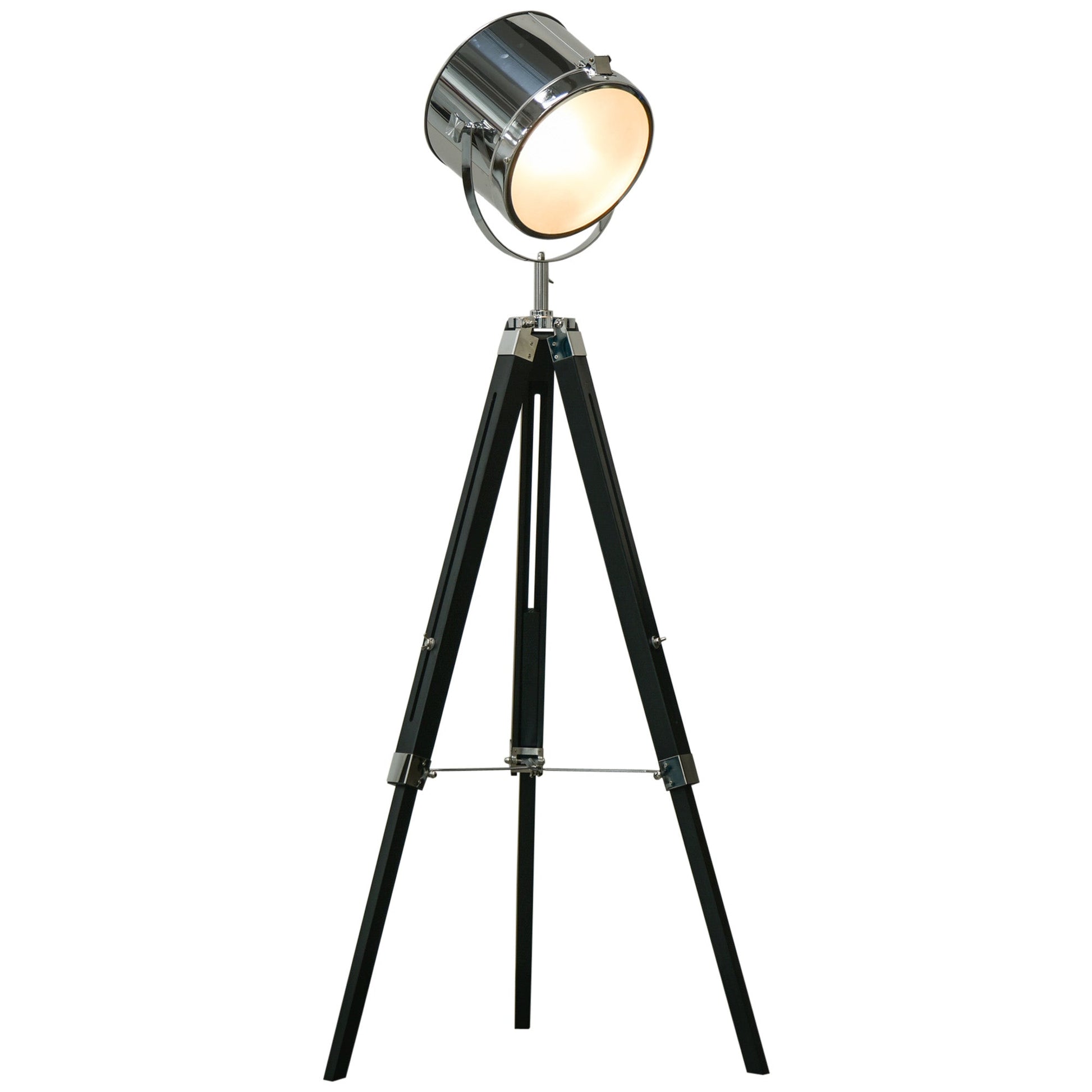 Industrial Style Adjustable Tripod Floor Lamp, Searchlight Lamp with Wooden Legs and Steel Lampshade, 110-155cm, Black-0