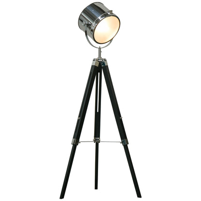 Industrial Style Adjustable Tripod Floor Lamp, Searchlight Lamp with Wooden Legs and Steel Lampshade, 110-155cm, Black-0