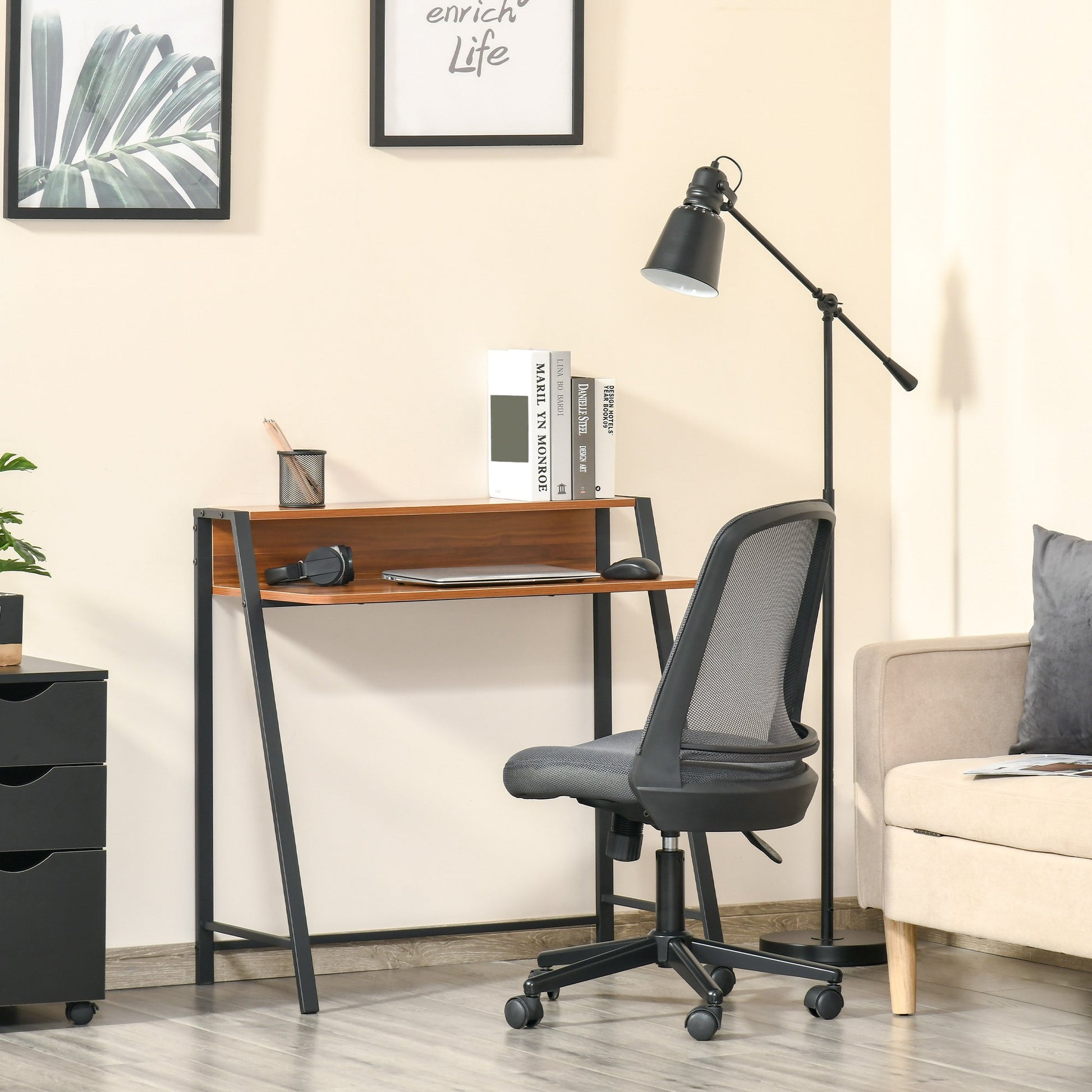 Two-Tier Computer Desk, Home Office Writing Study Table with Storage Shelf, PC Laptop Desk Gaming Workstation, Walnut-1