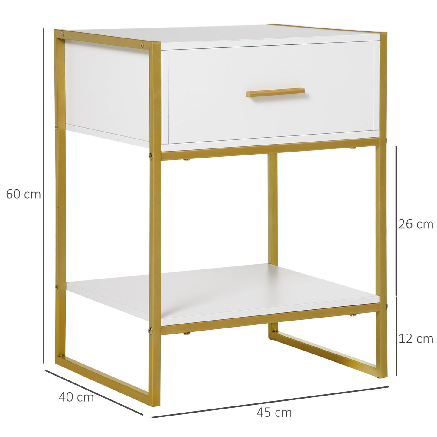 Modern Bedside Table, Bedside Cabinet with Drawer Shelf, Storage Organizer for Bedroom, Living Room, White and Gold-2