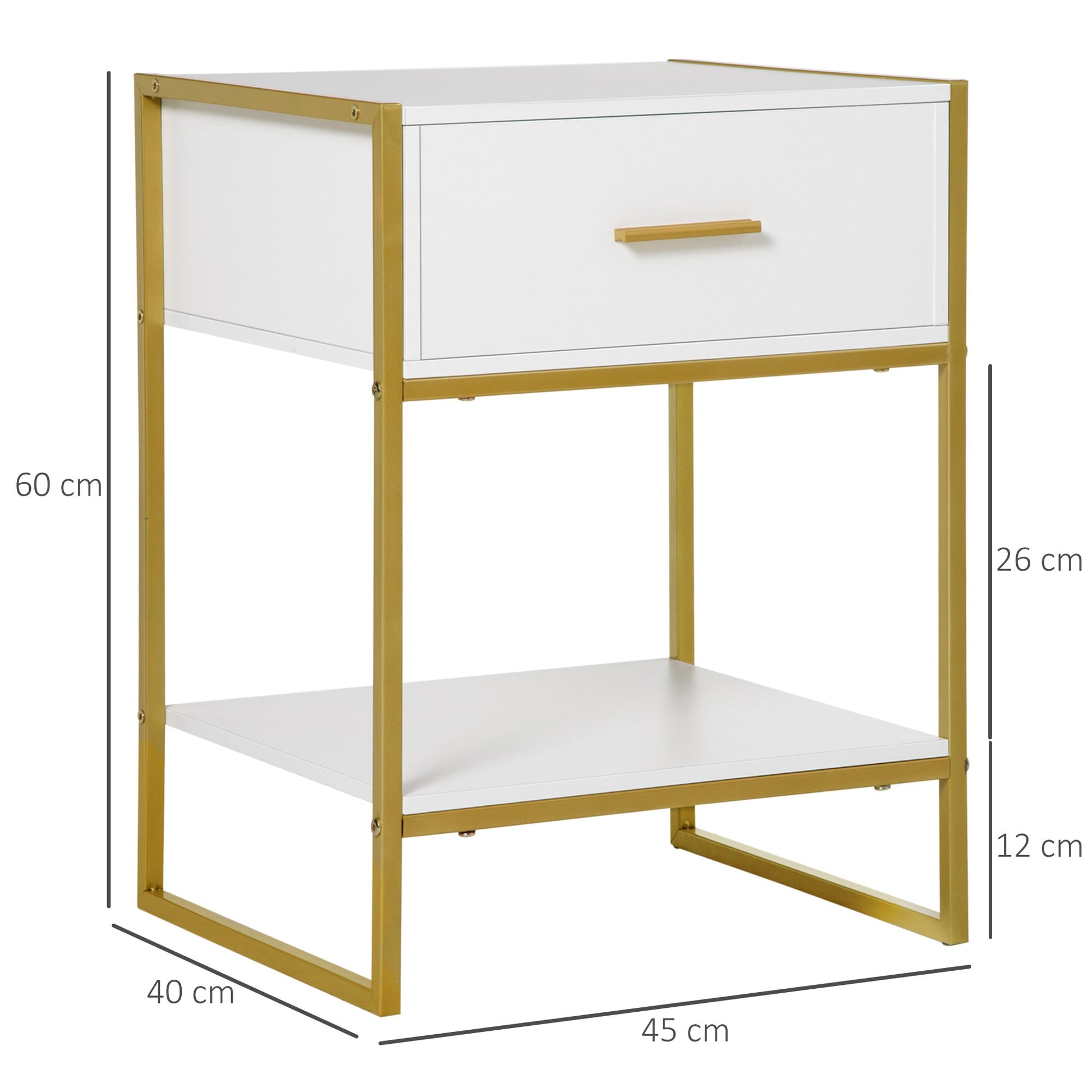 Modern Bedside Table, Bedside Cabinet with Drawer Shelf, Storage Organizer for Bedroom, Living Room, White and Gold-2