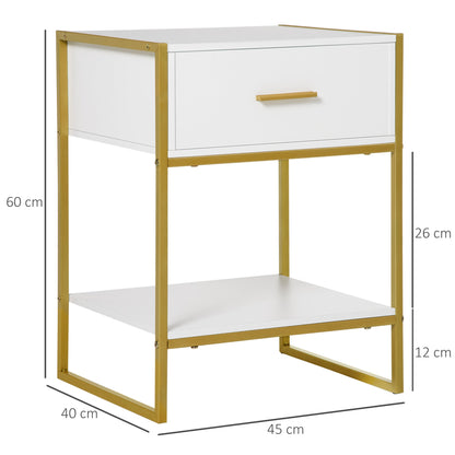 Modern Bedside Table, Bedside Cabinet with Drawer Shelf, Storage Organizer for Bedroom, Living Room, White and Gold-2