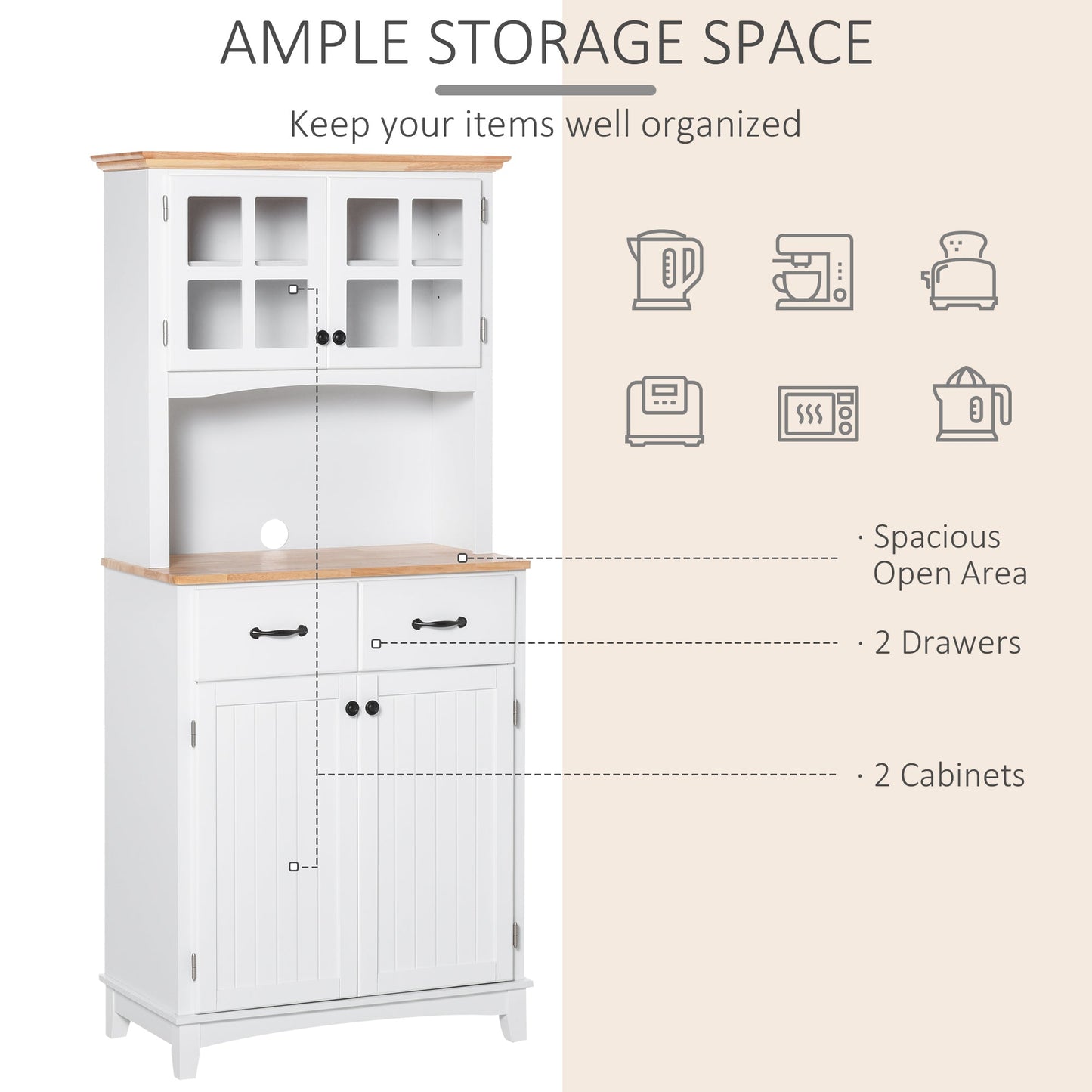 Freestanding Kitchen Cupboard, Kitchen Storage Cabinet with Framed Glass Doors, 2 Drawers, Microwave Counter, White-3