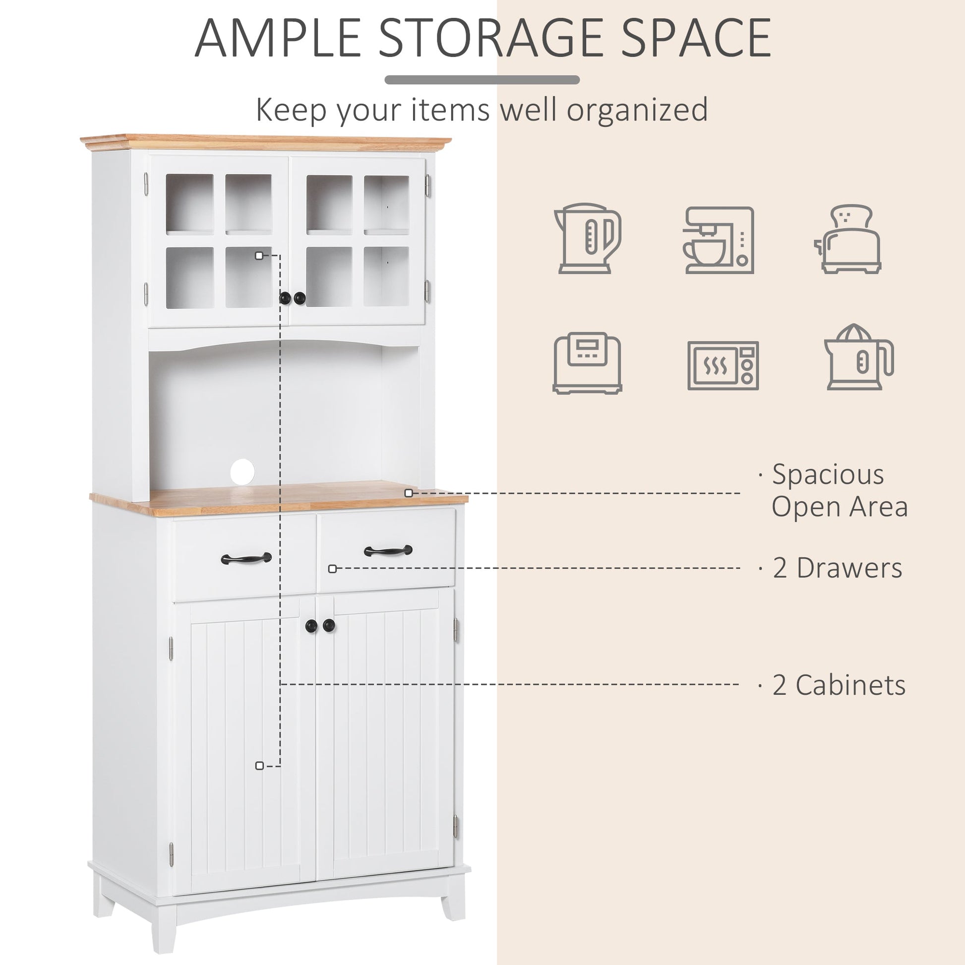 Freestanding Kitchen Cupboard, Kitchen Storage Cabinet with Framed Glass Doors, 2 Drawers, Microwave Counter, White-3