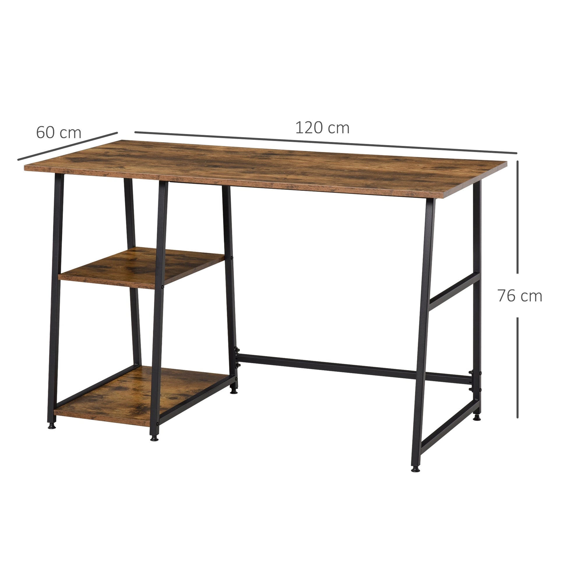Office Desk Working Station Home Office Table with 2 Shelves Computer Gaming Desk Steel Frame Black and Rustic Brown-2