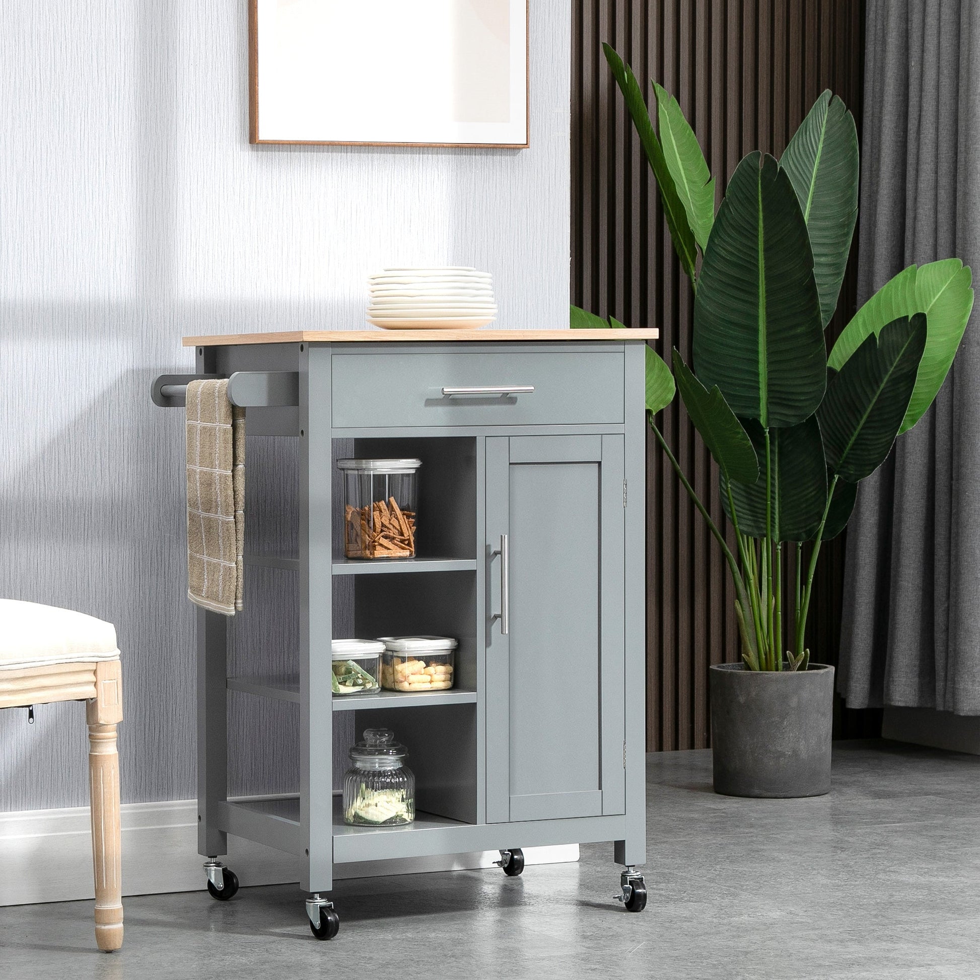Compact Kitchen Trolley Utility Cart on Wheels with Open Shelf & Storage Drawer for Dining Room, Kitchen, Grey-1