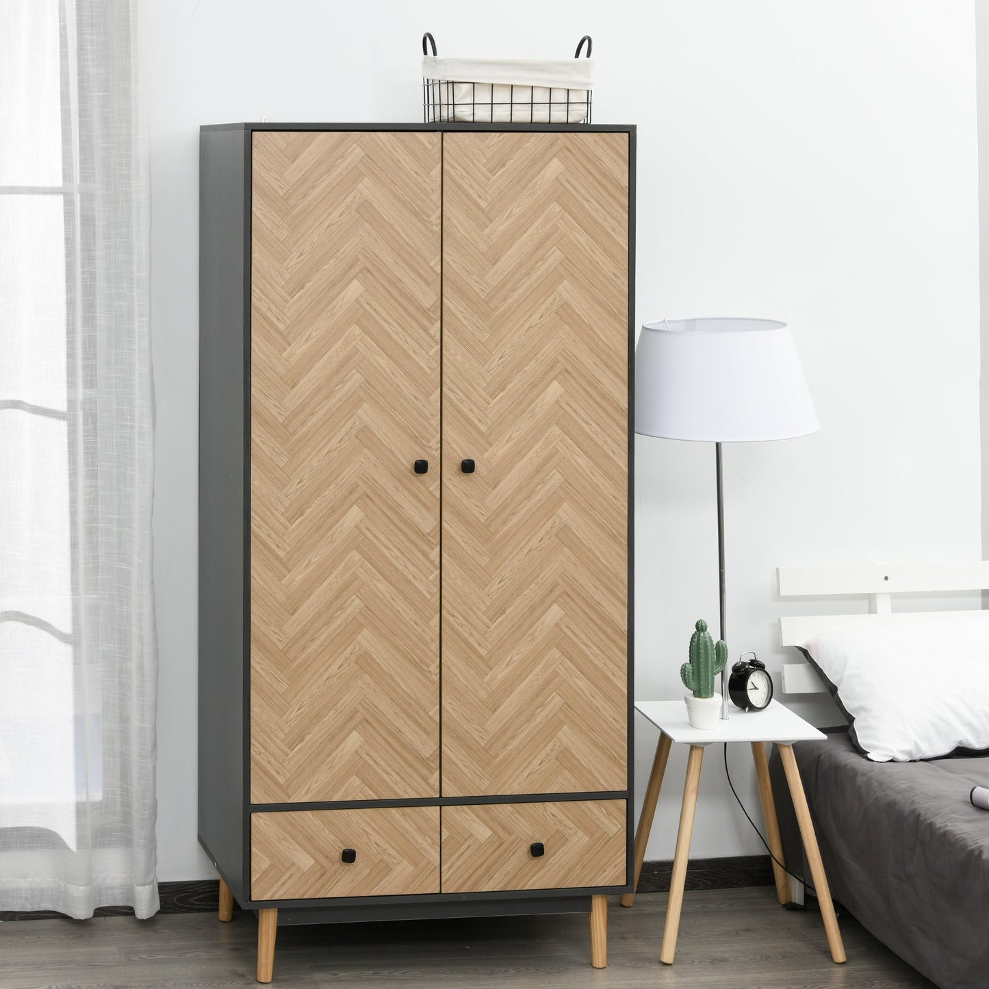 Modern Wardrobe Cabinet Wood Grain Sticker Surface with Shelf, Hanging Rod and 2 Drawers 90x50x190cm-1