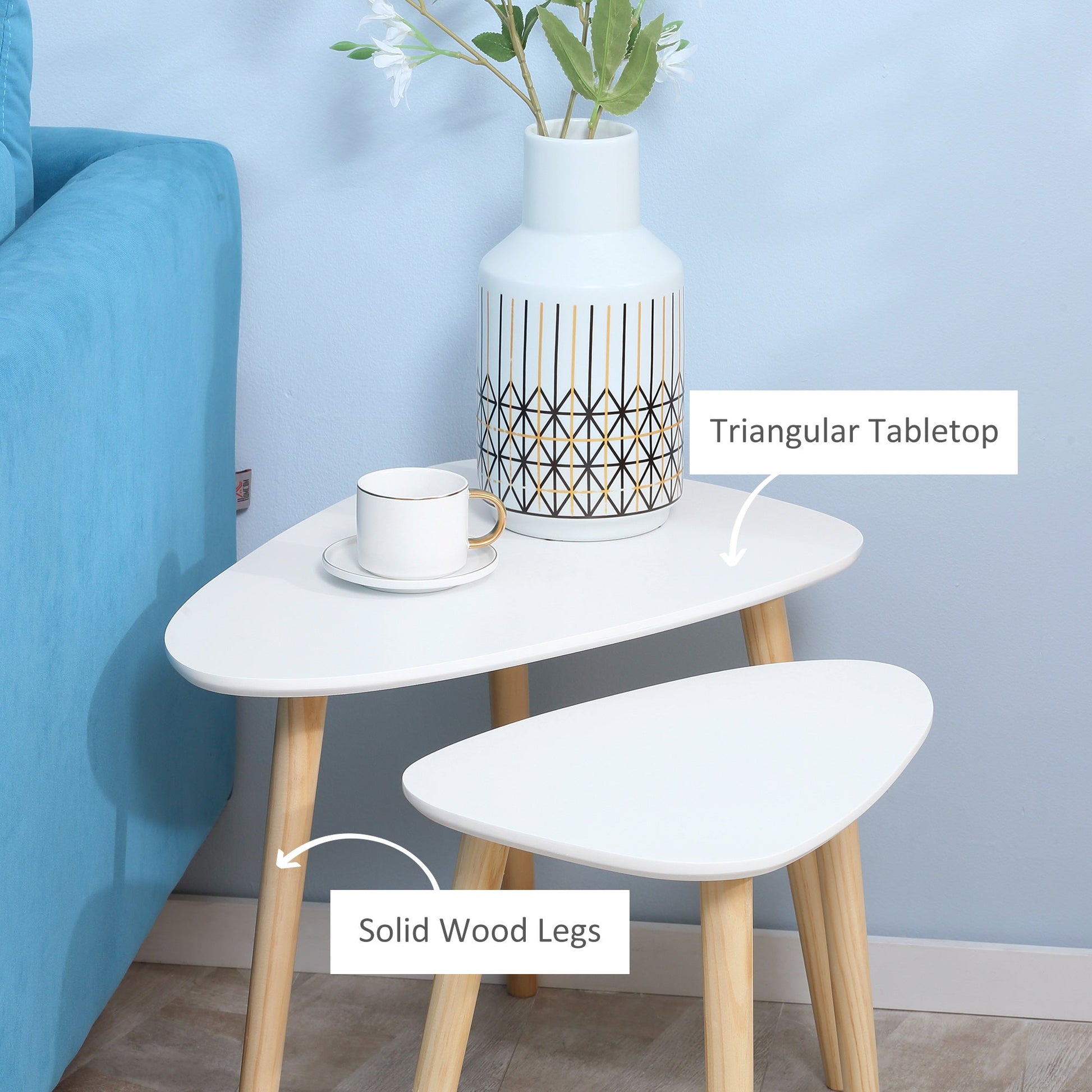Modern Side Table Set of 2, Triangular Nest of Tables, End Table with Solid Wood Legs, for Living Room Bedroom, White-4