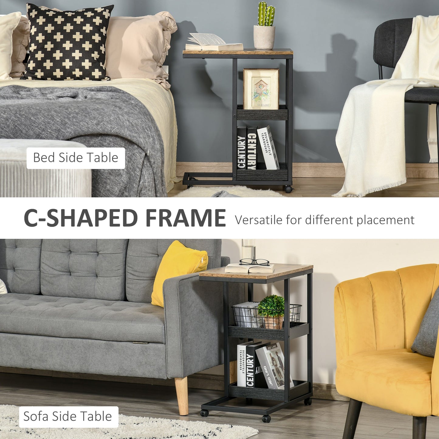 Mobile Sofa Side Table C-Shaped Rolling Couch Table with 3-Tier Storage Shelving Four Lockable Wheels Steel Frame - Brown-3
