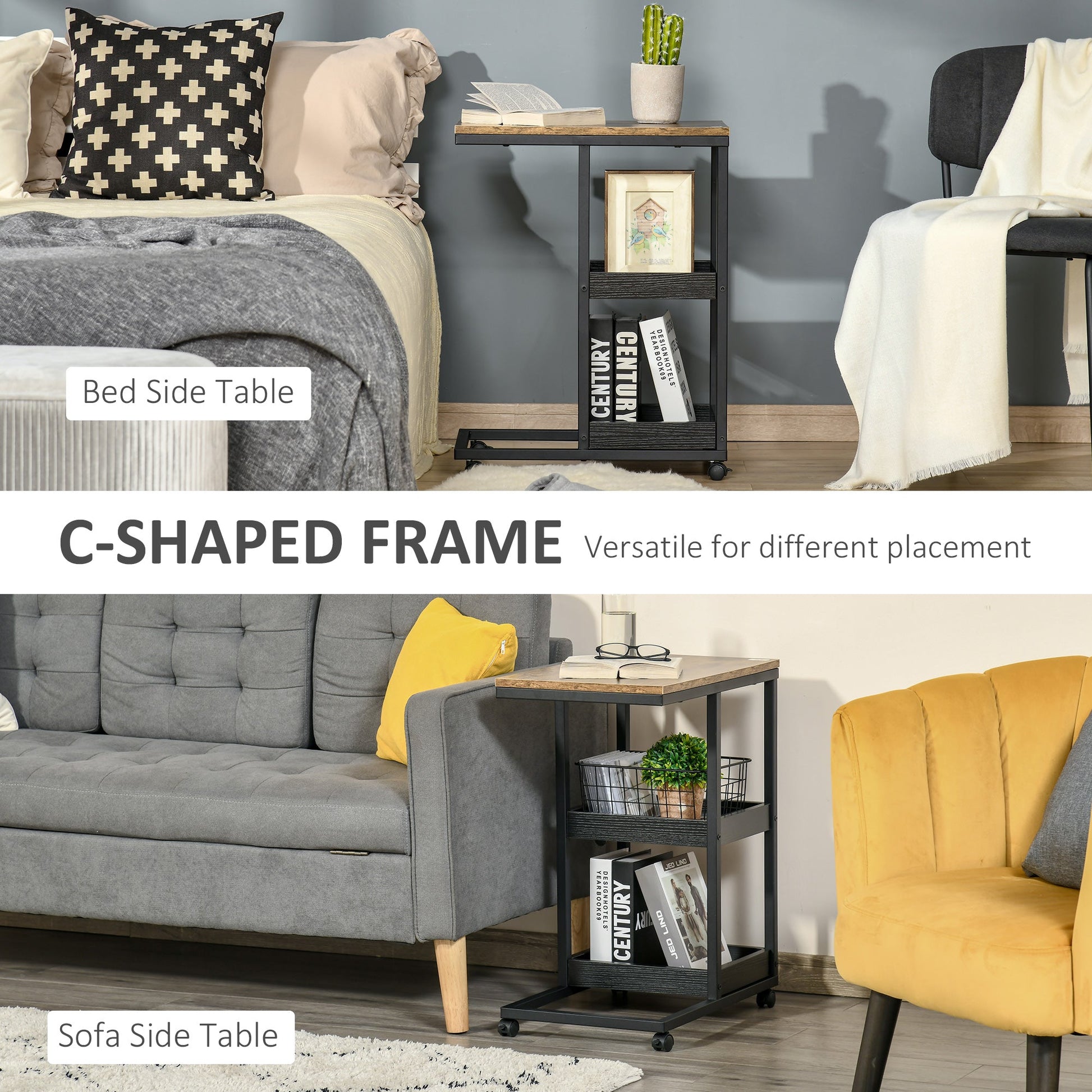 Mobile Sofa Side Table C-Shaped Rolling Couch Table with 3-Tier Storage Shelving Four Lockable Wheels Steel Frame - Brown-3