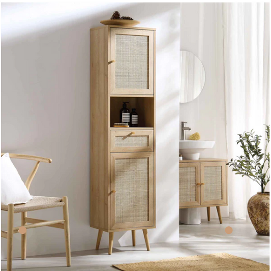 Frances Woven Rattan Tallboy Bathroom Unit, Natural - Elite Casa Furniture