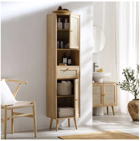 Frances Woven Rattan Tallboy Bathroom Unit, Natural - Elite Casa Furniture