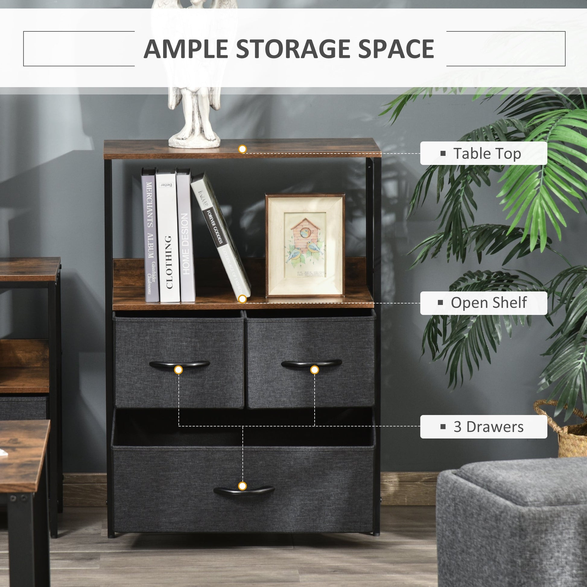 Chest of Drawers Bedroom Unit Storage Cabinet with 3 Fabric Bins for Living Room, Bedroom and Entryway, Black-3
