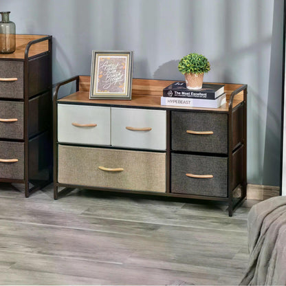 5-Drawer Dresser, Linen Fabric Chest of Drawers, Dresser Tower Unit for Bedroom Hallway Entryway, Storage Organizer with Steel Frame Wooden Top-1