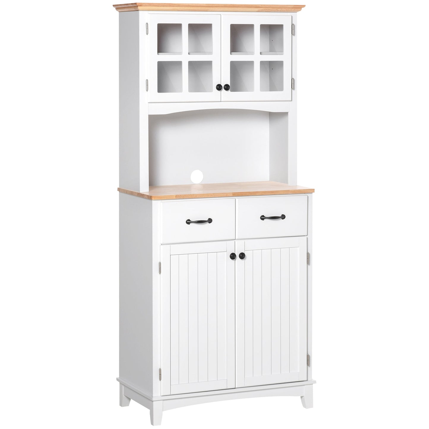 Freestanding Kitchen Cupboard, Kitchen Storage Cabinet with Framed Glass Doors, 2 Drawers, Microwave Counter, White-1