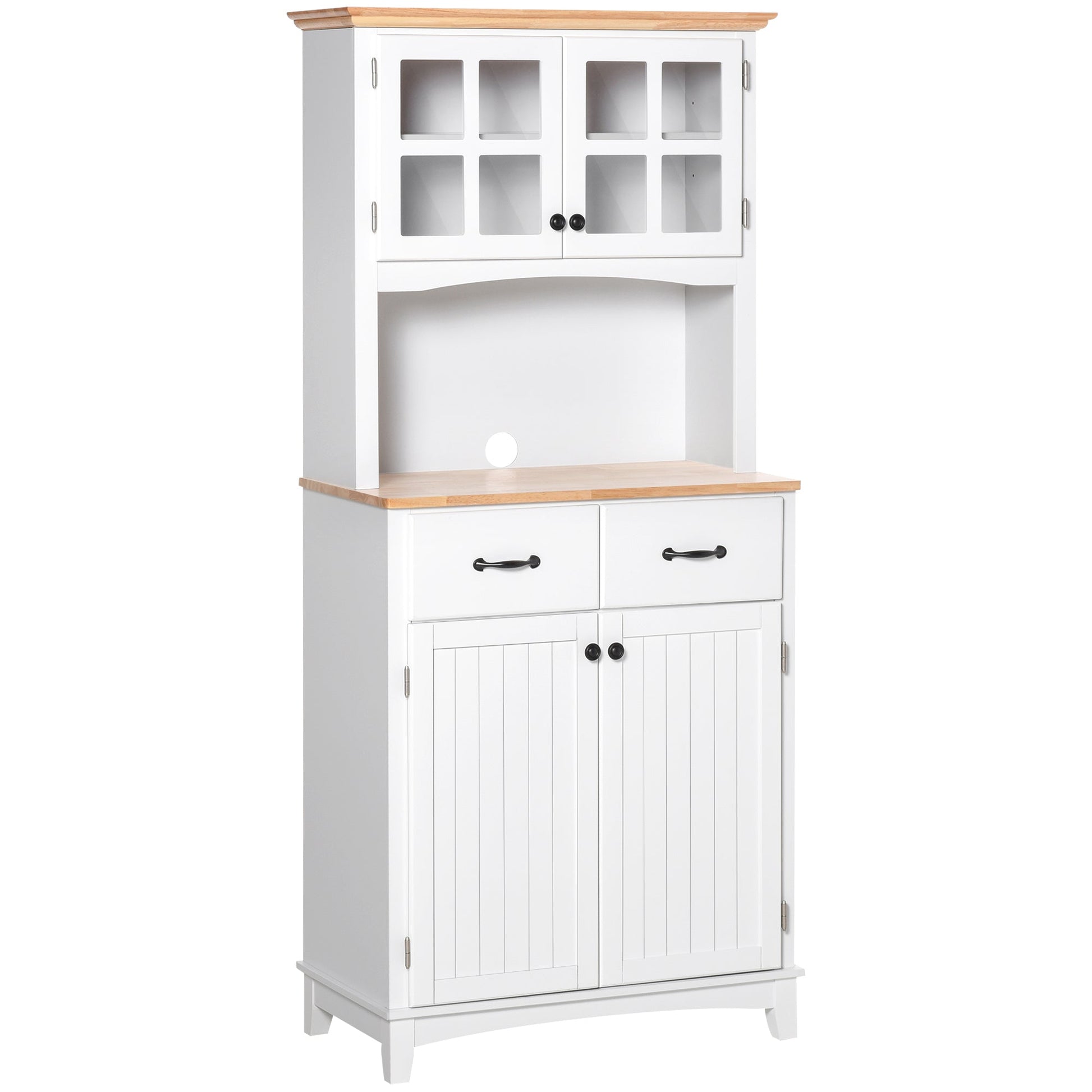 Freestanding Kitchen Cupboard, Kitchen Storage Cabinet with Framed Glass Doors, 2 Drawers, Microwave Counter, White-1