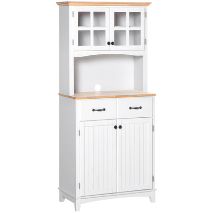 Freestanding Kitchen Cupboard, Kitchen Storage Cabinet with Framed Glass Doors, 2 Drawers, Microwave Counter, White-1
