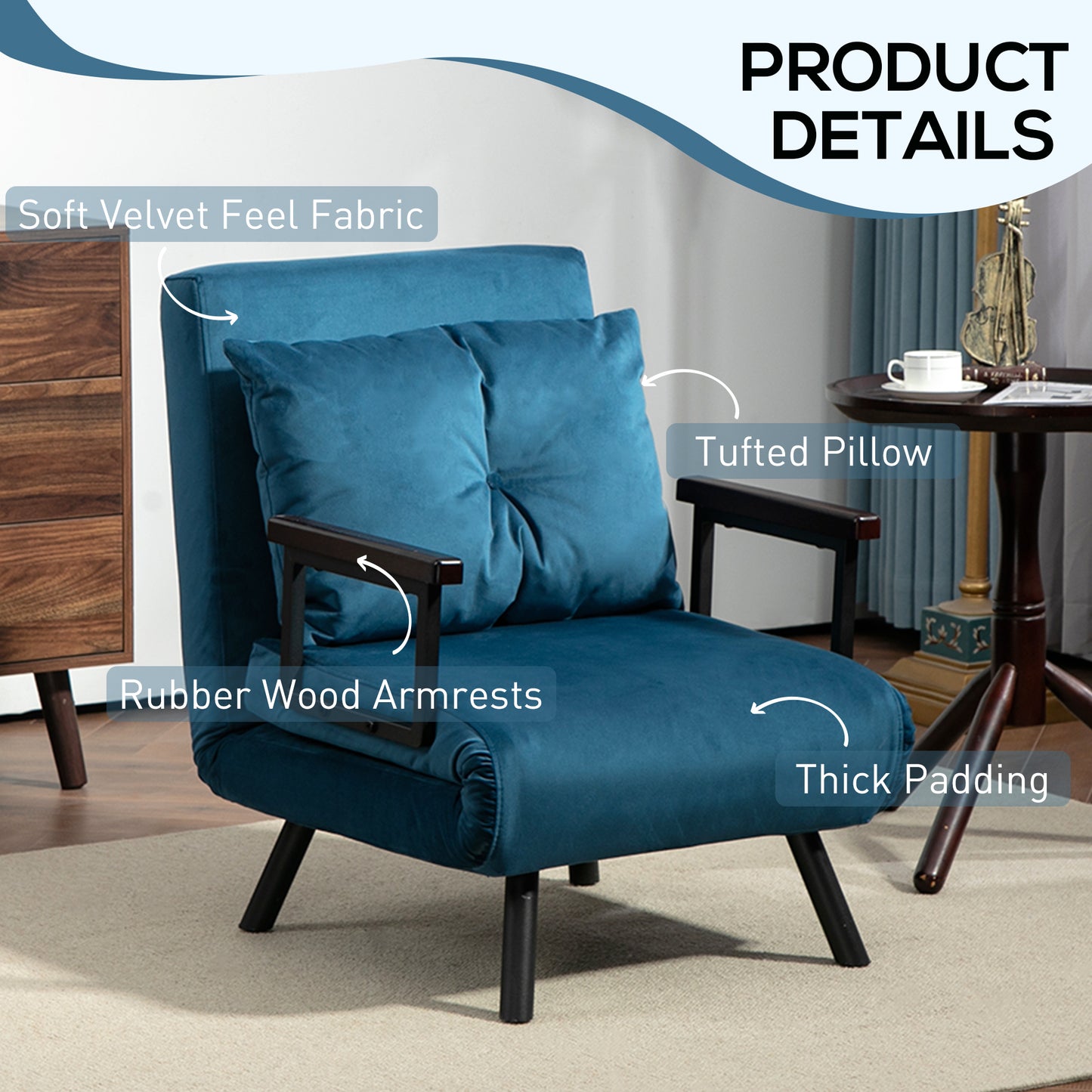 Click Clack Sofa Bed, Convertible Single Chair Couch with 2 Cushions, for Living Room, Bedroom, Navy Blue-4
