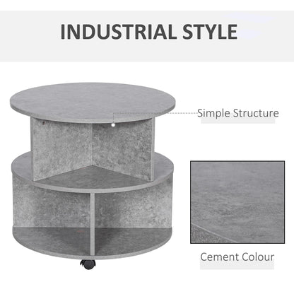 2 Tier Round Side End Table Coffee Desk with Divided Shelves Tea Table Storage Unit Living Room Organiser with Wheels - Cement colour-4