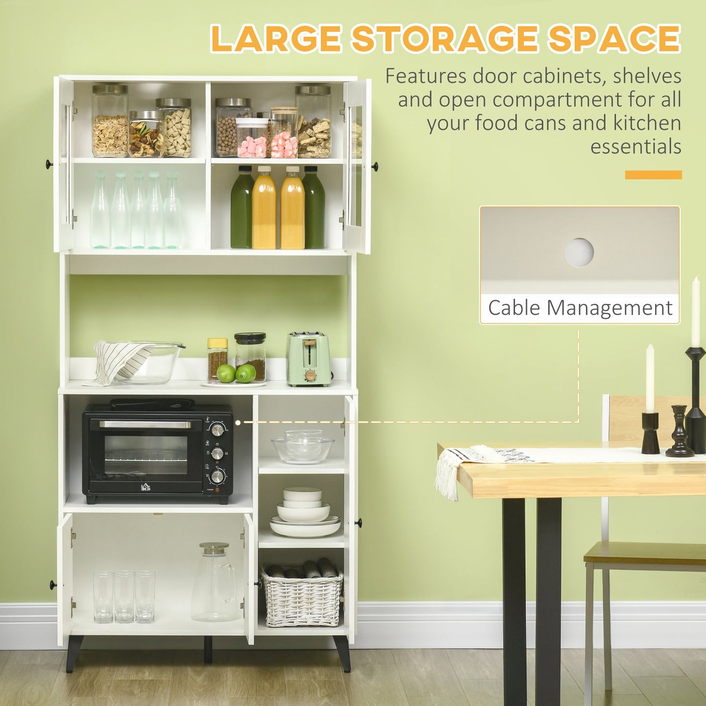 Freestanding Kitchen Cupboard, Modern Kitchen Storage Cabinet with Doors and Adjustable Shelves, 180cm, White-3