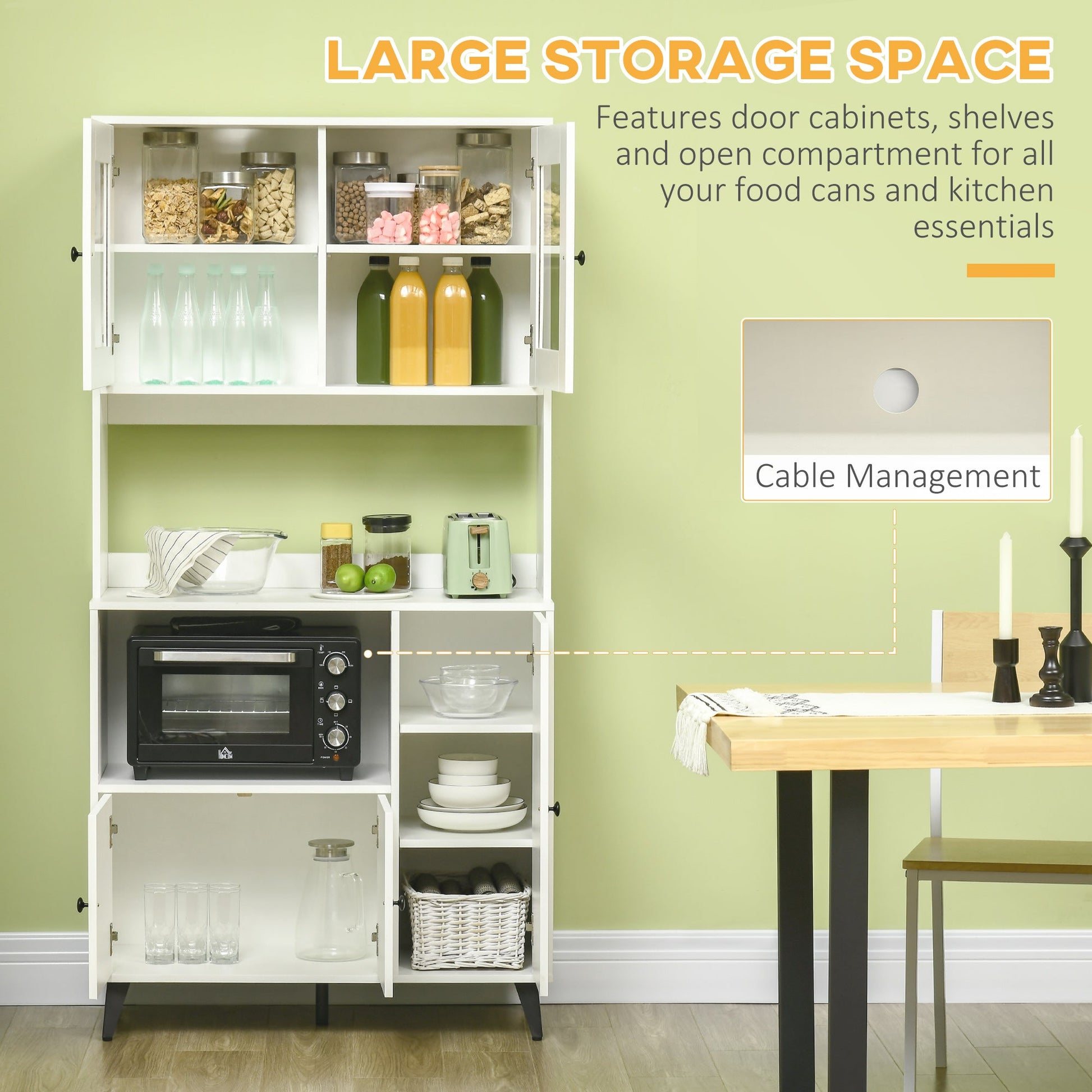 Freestanding Kitchen Cupboard, Modern Kitchen Storage Cabinet with Doors and Adjustable Shelves, 180cm, White-3