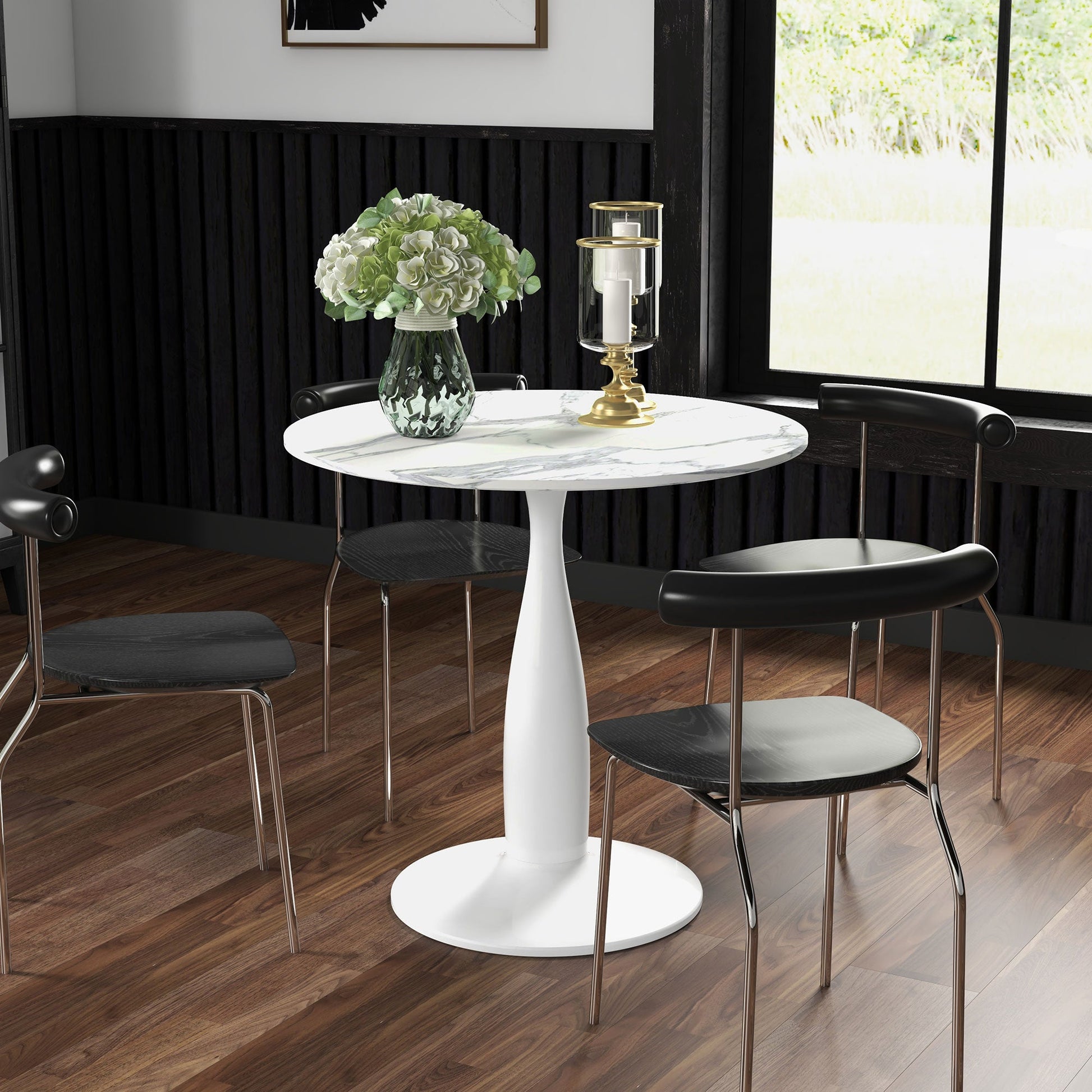 Round Dining Table, Modern Dining Room Table with Steel Base, Non-slip Foot Pad, Space Saving Small Dining Table-1