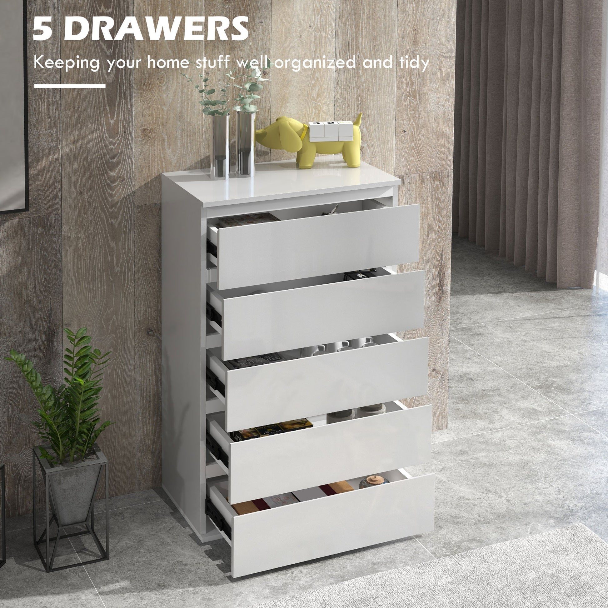 5-Drawer High Gloss Chest of Drawers, Storage Cabinets, Modern Dresser, Storage Drawer Unit for Bedroom, White-3