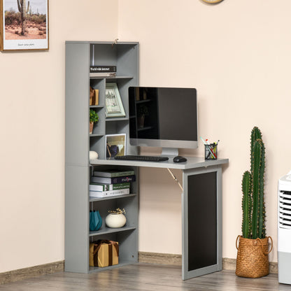 Folding Convertible Desk with Blackboard Multi-function Computer Office Workstation Side Shelf for Home Office, Grey-1