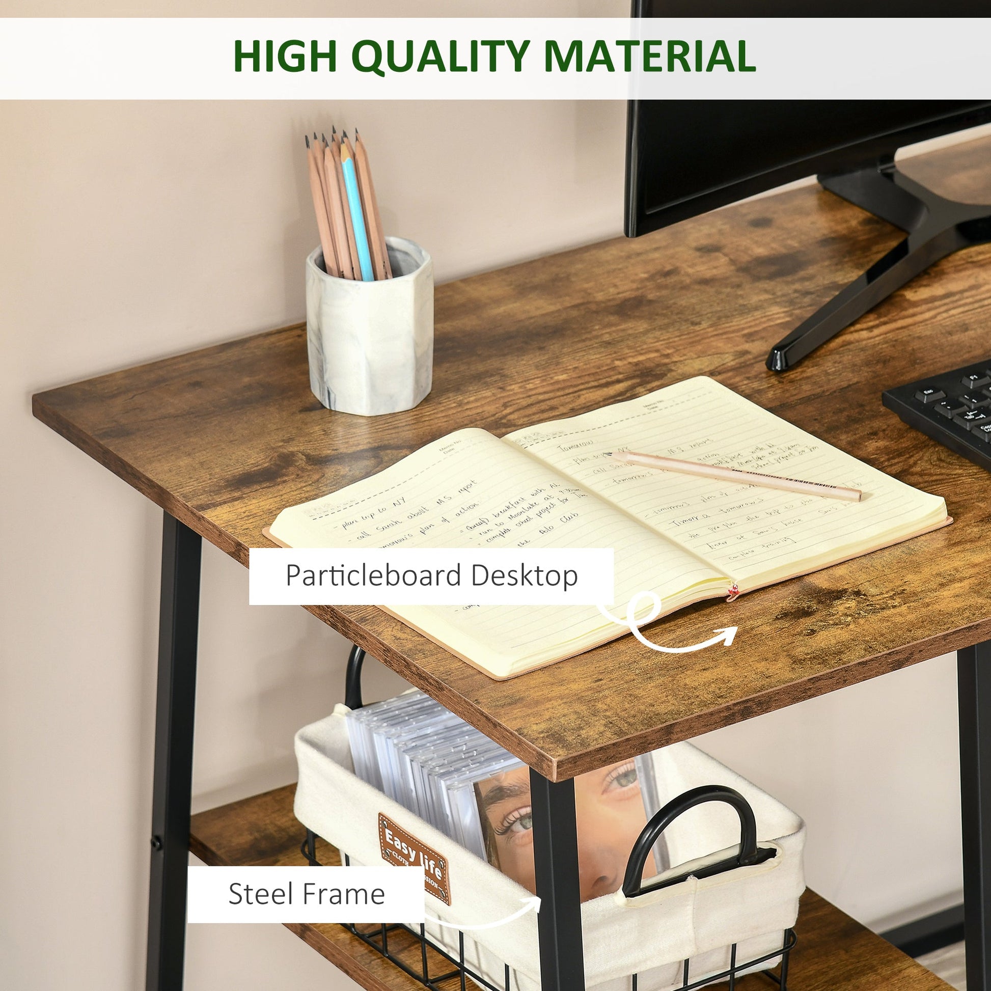 Office Desk Working Station Home Office Table with 2 Shelves Computer Gaming Desk Steel Frame Black and Rustic Brown-4