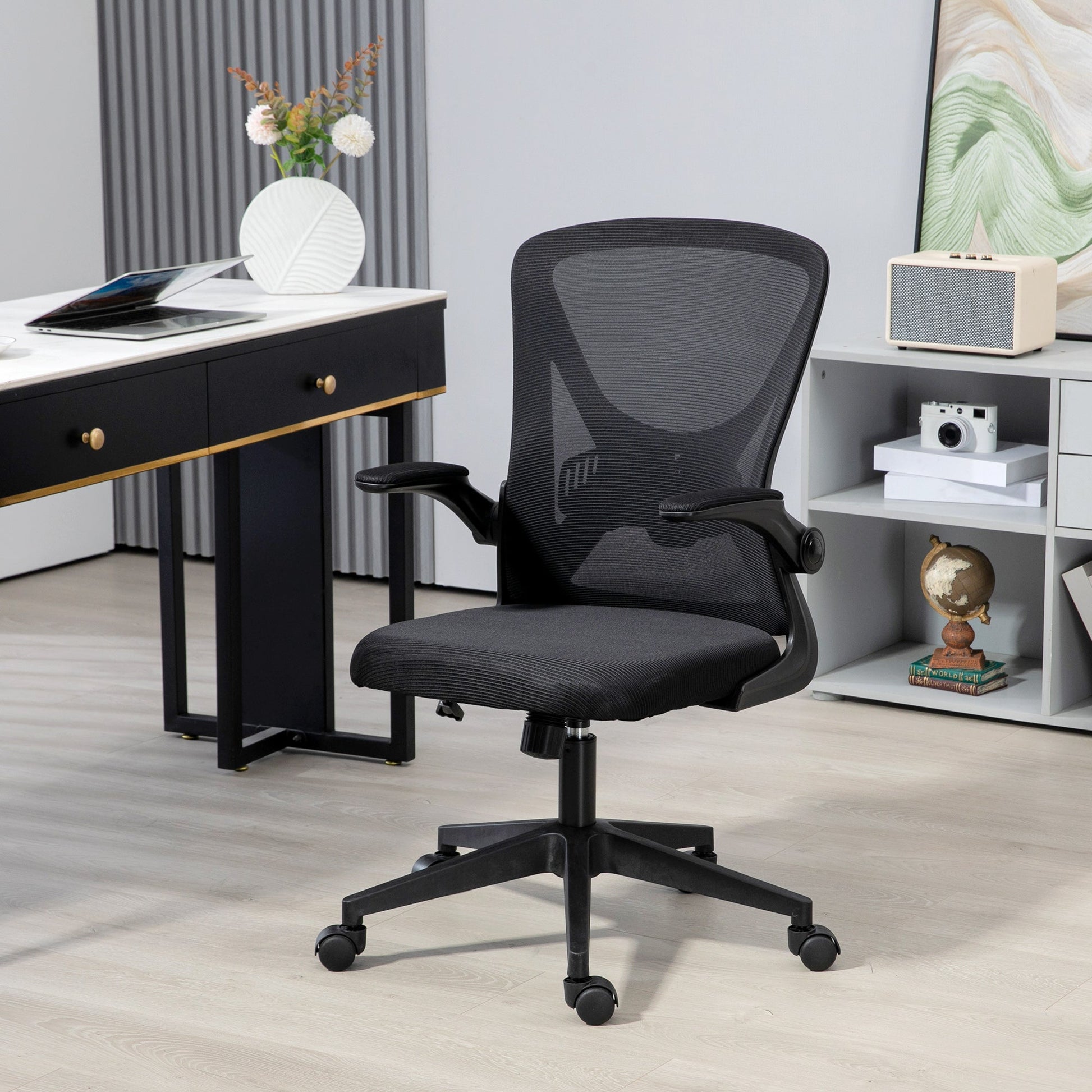Mesh Office Chair with Flip-up Armrests, Ergonomic Computer Desk Chair with Lumbar Support and Swivel Wheels, Black-1