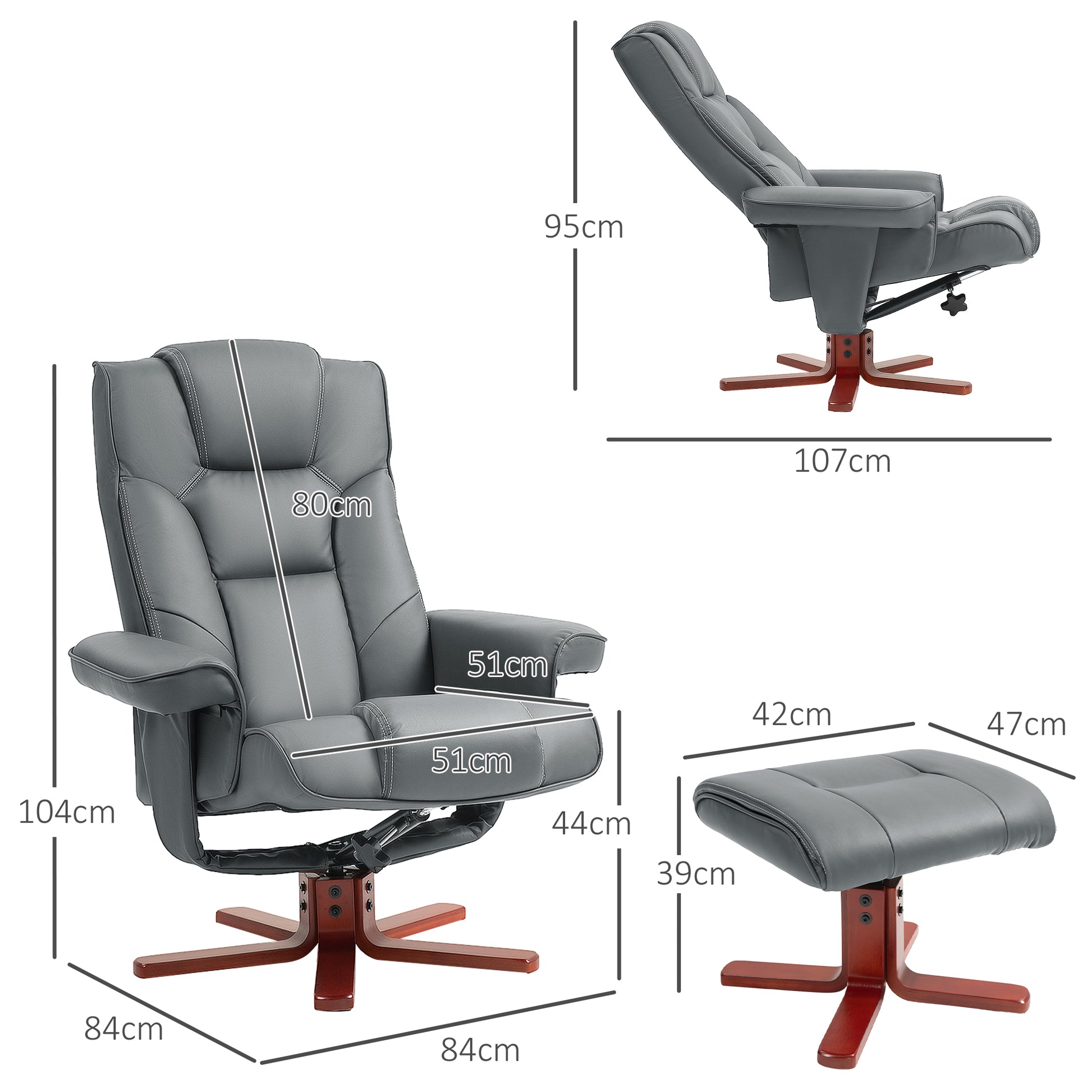 HOMCOM Faux Leather Manual Recliner and Footstool Set in Grey-1
