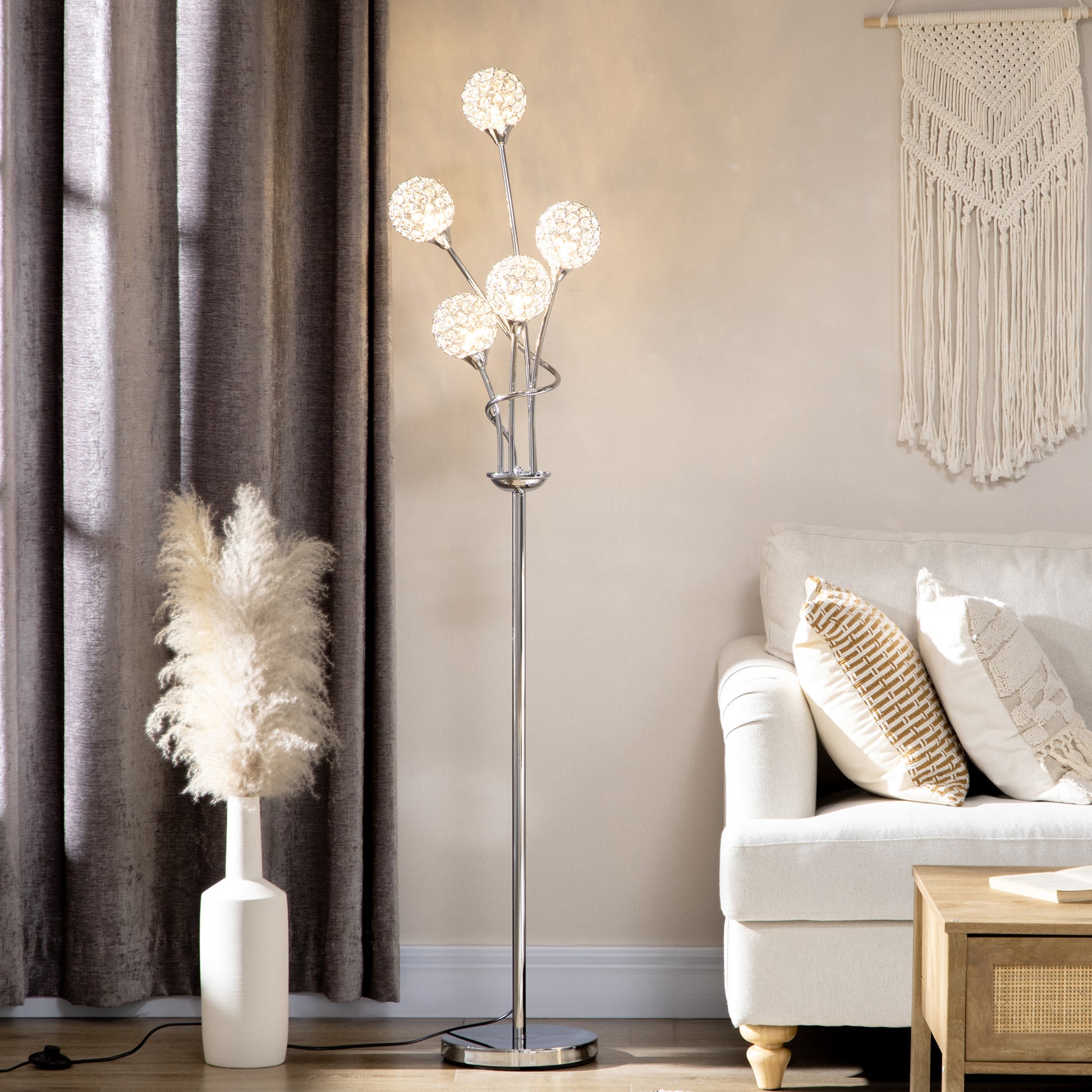 Crystal Floor Standing Lamp with 5-Light , Floor Lights for Living Room & Bedroom, Modern Silver Design, Silver | HOMCOM-7